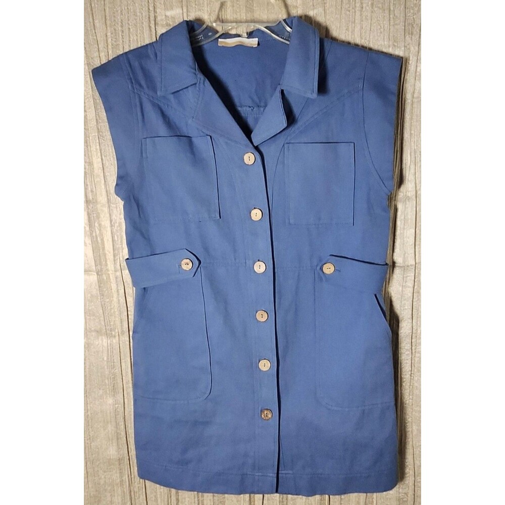 Blue Belted Waistcoat Vest 100% Cotton Button-Front Retro-Chic Utility Mod - S
